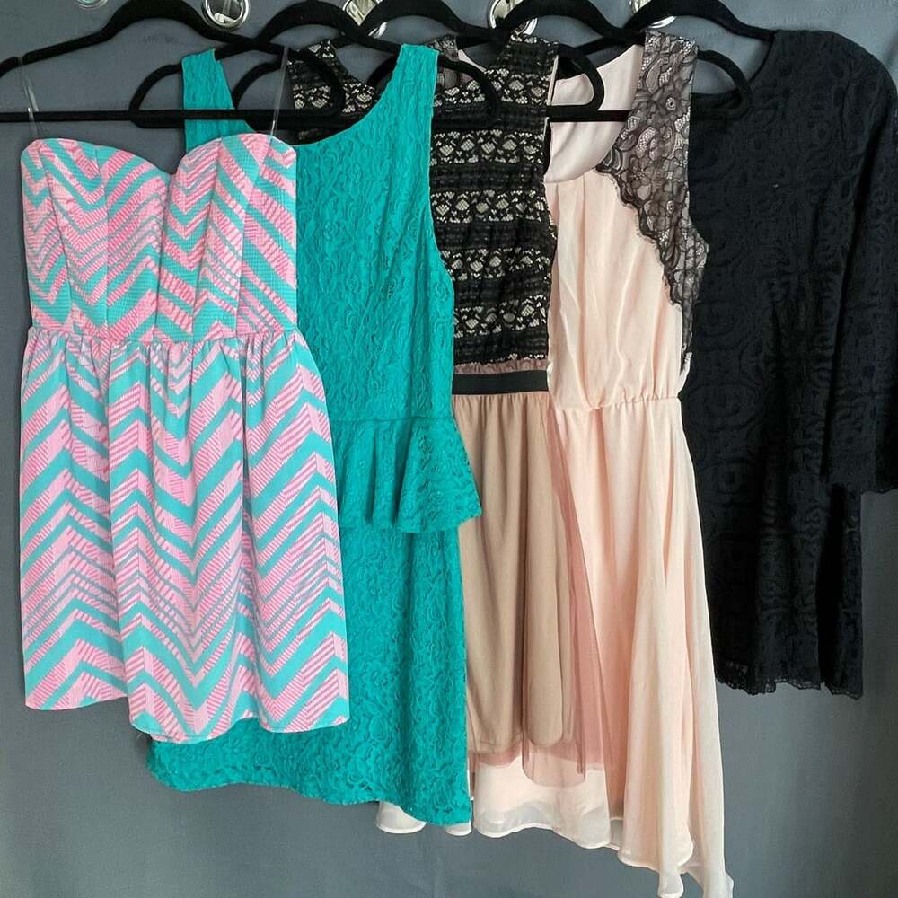 5 Size Large Lace Chevron Dresses Pink Champagne Y2K 00s 10s Bundle Midi Swing